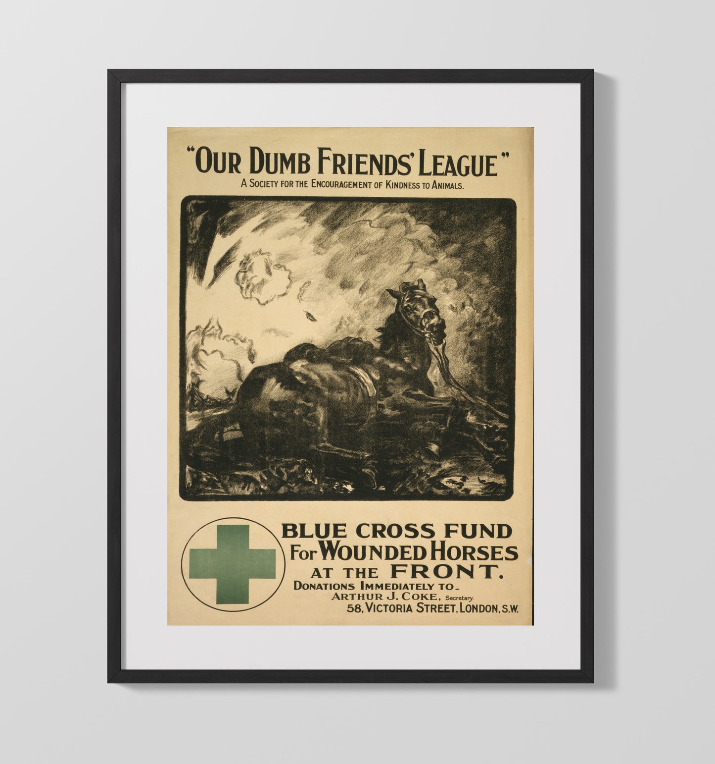 Our Dumb Friends League Blue Cross Fund for Wounded Horses London war poster wall art 16x20 Gallery Frame