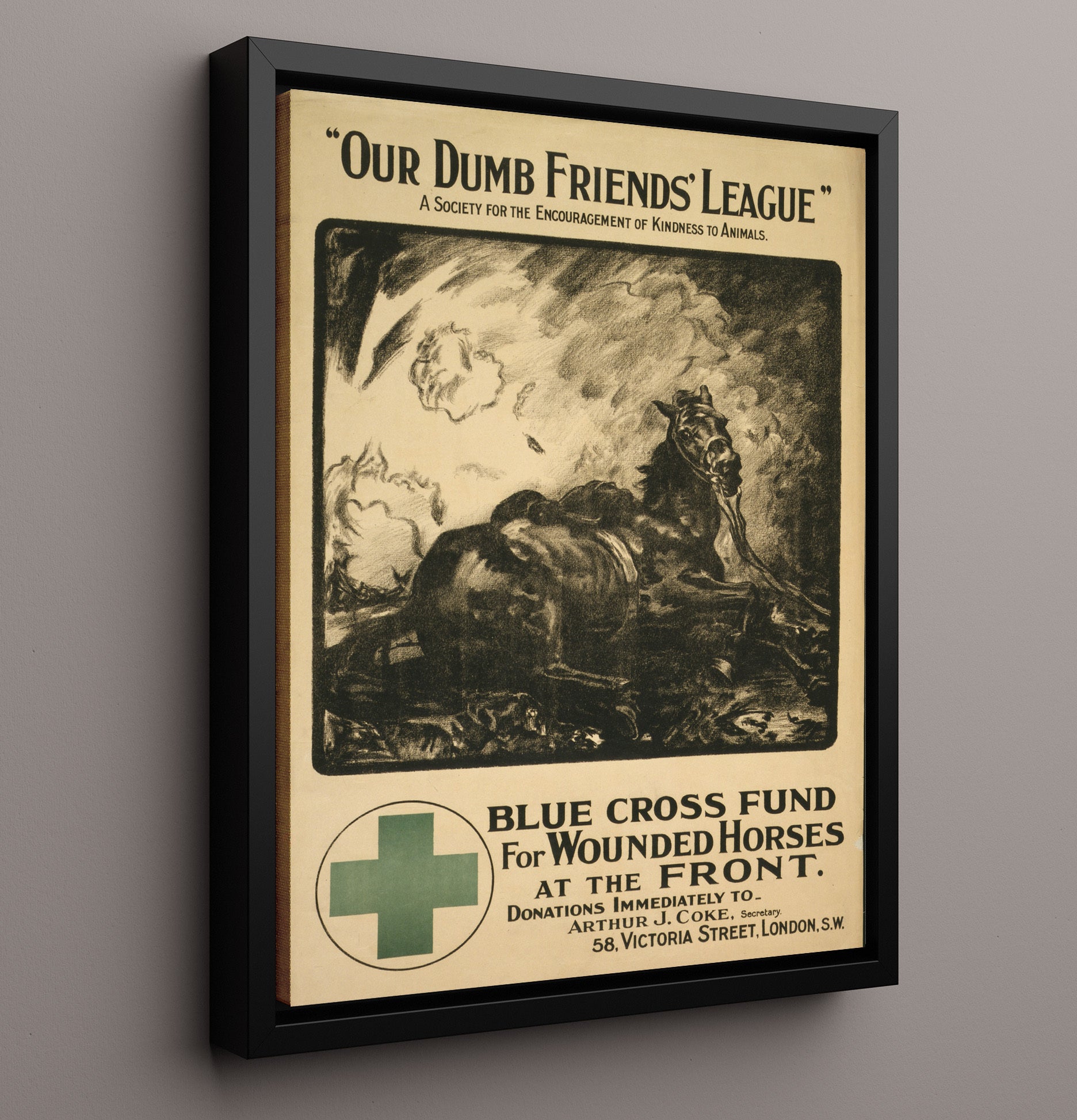 Vintage War Poster - Our Dumb Friends League Blue Cross Fund for Wounded Horses London Vintage War Wall Art - 16x20 Framed Canvas