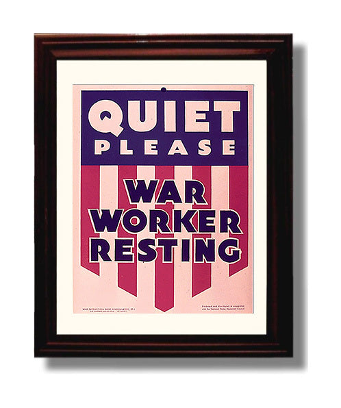 Vintage War Poster - Quiet Please War Worker Resting Vintage War Wall Art - 8x10 Beveled Frame