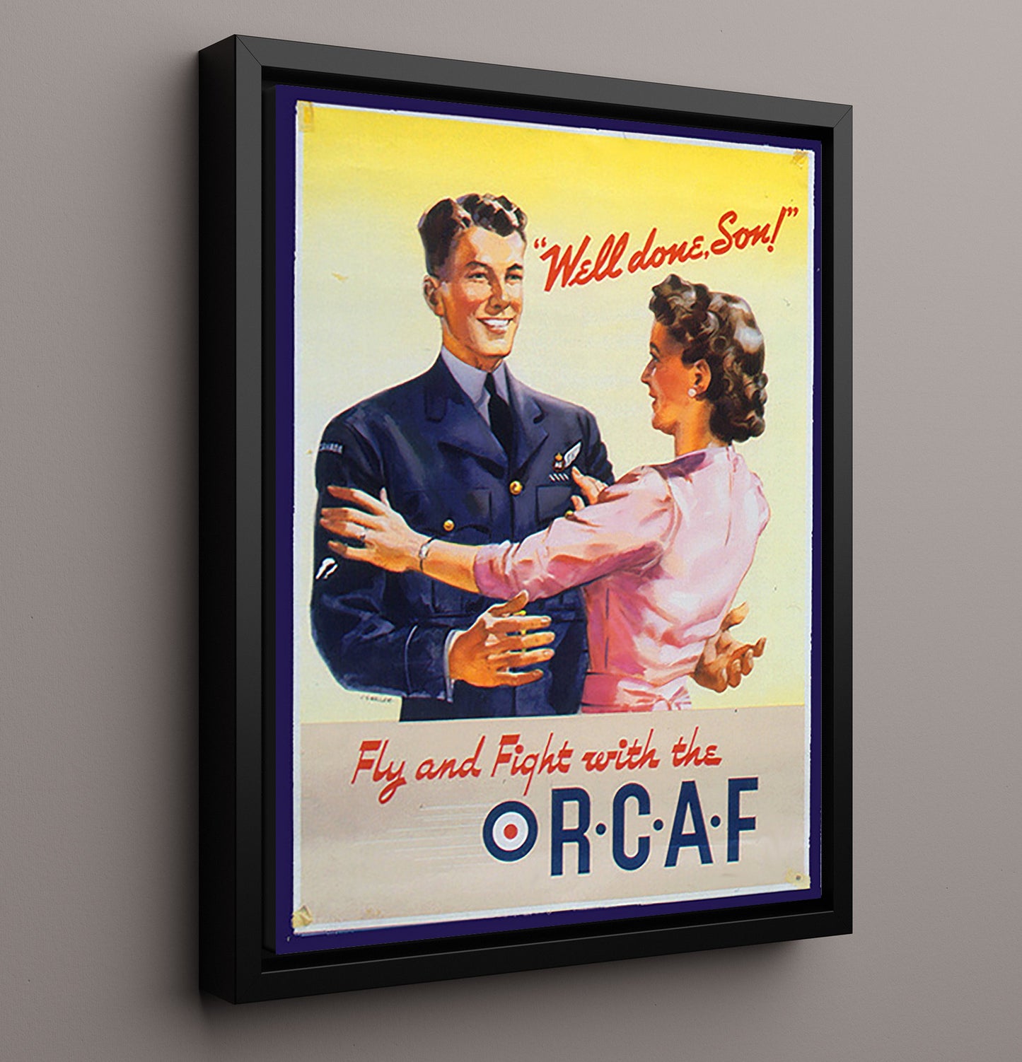 Vintage War Poster - RCAF Pilot - Lets Go Fly High Vintage War Wall Art - 16x20 Framed Canvas