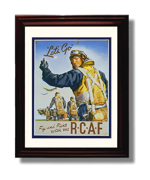 Vintage War Poster - RCAF Recruitment - Lets Go Fly and Fight Vintage War Wall Art - 8x10 Beveled Frame
