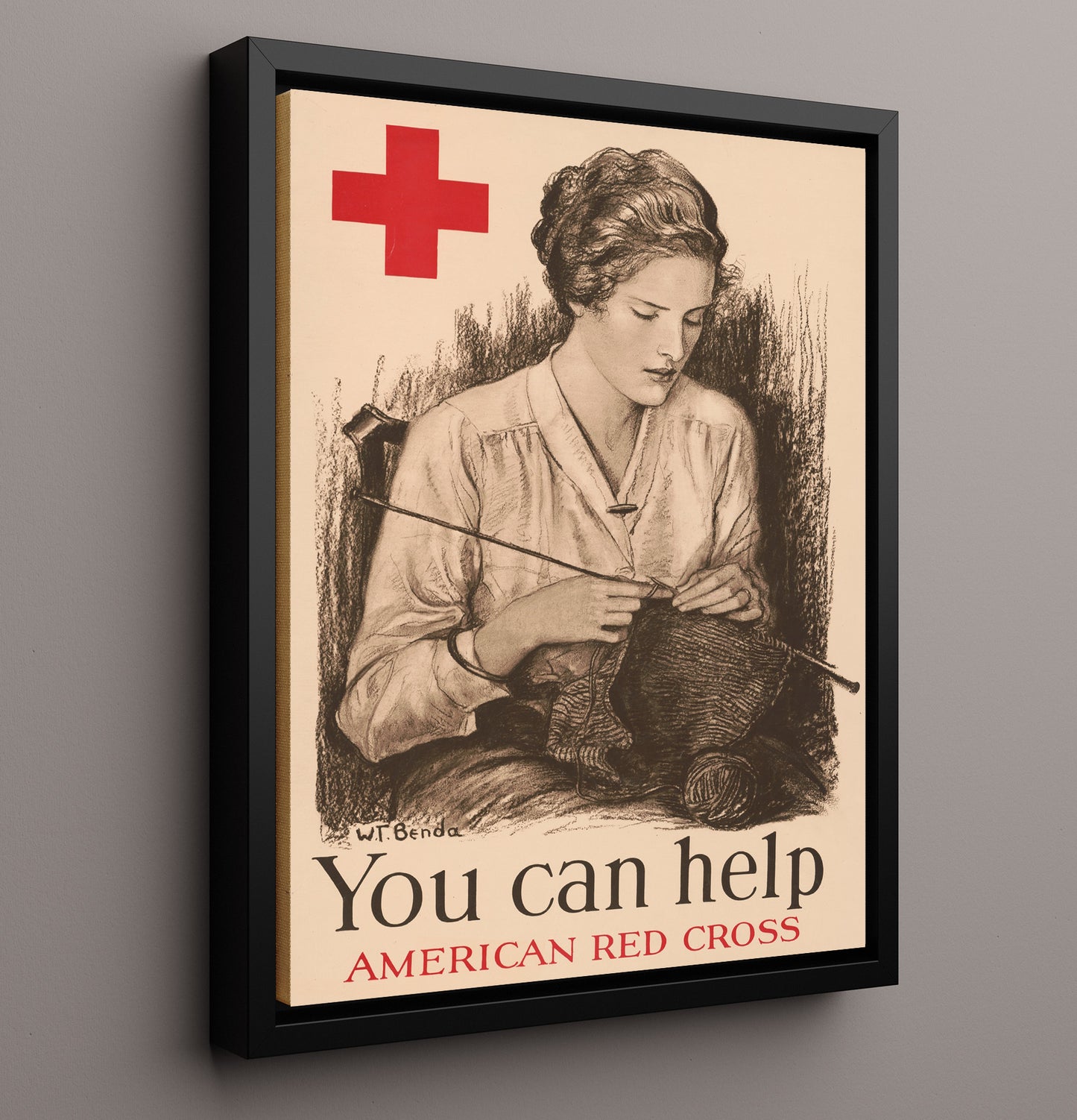 Vintage War Poster - Red Cross You Can Help Vintage War Wall Art - 16x20 Framed Canvas