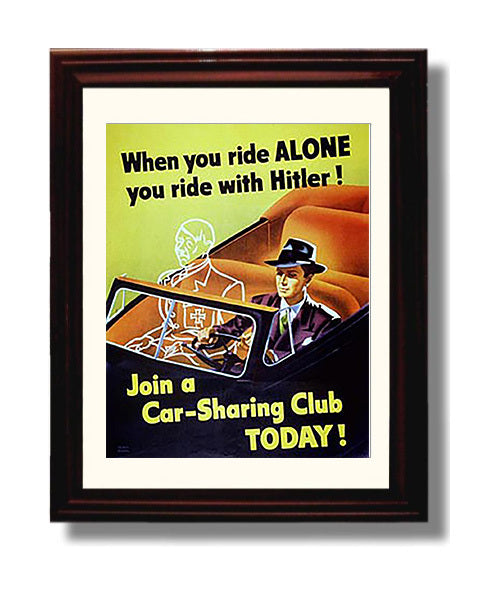 Ride With Hitler - Carpool Propaganda war poster wall art 8x10 Beveled Frame