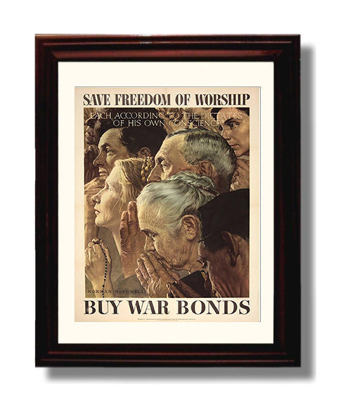 Vintage War Poster - Save Freedom of Worship Buy War Bonds Vintage War Wall Art - 8x10 Beveled Frame