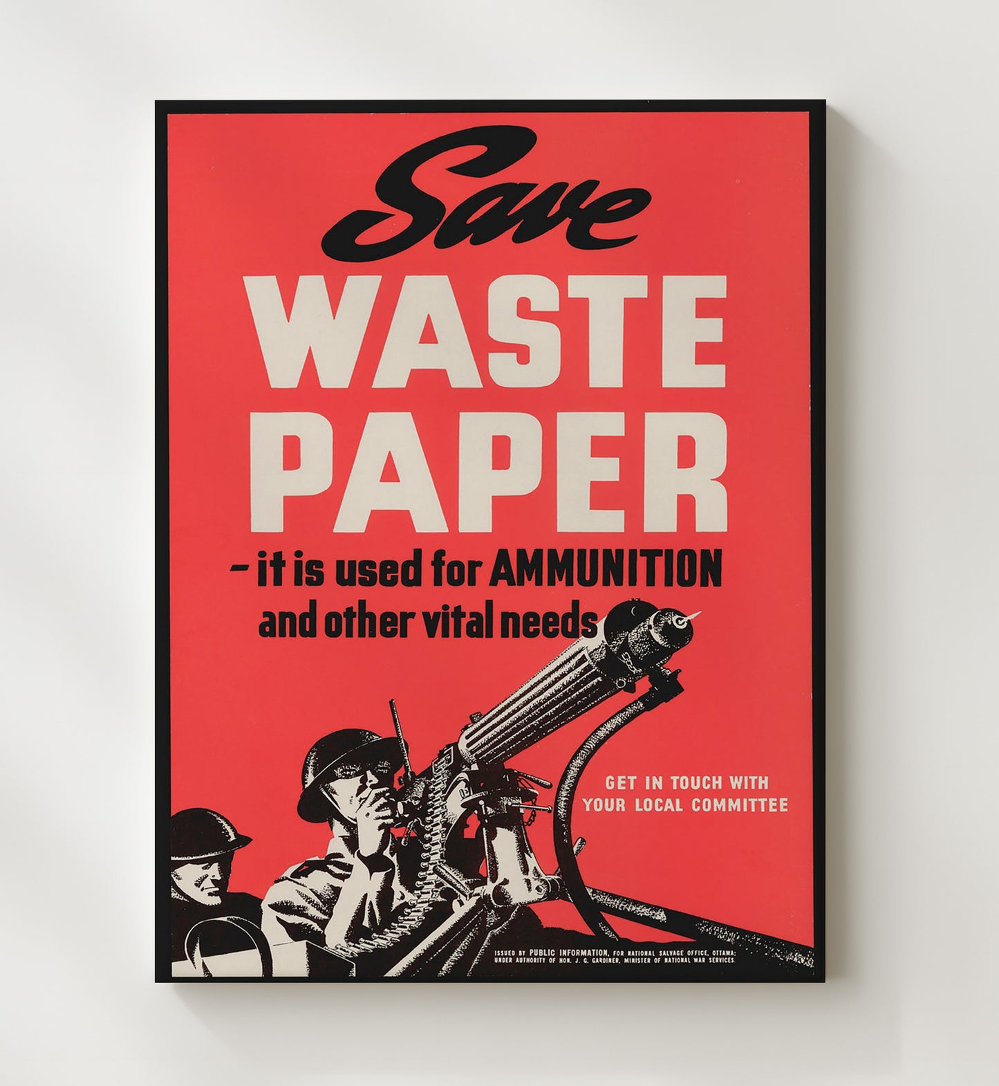 Vintage War Poster - Save Waste Paper Vintage War Wall Art - 20x24 Canvas