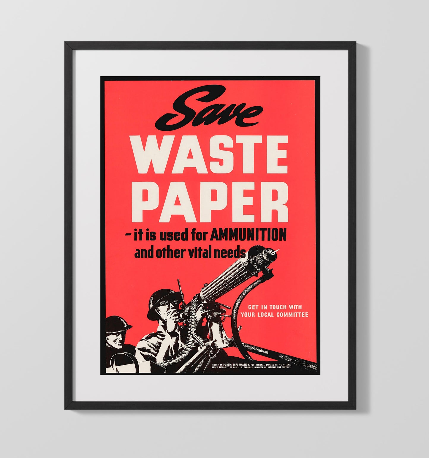 Vintage War Poster - Save Waste Paper Vintage War Wall Art - 16x20 Gallery Frame