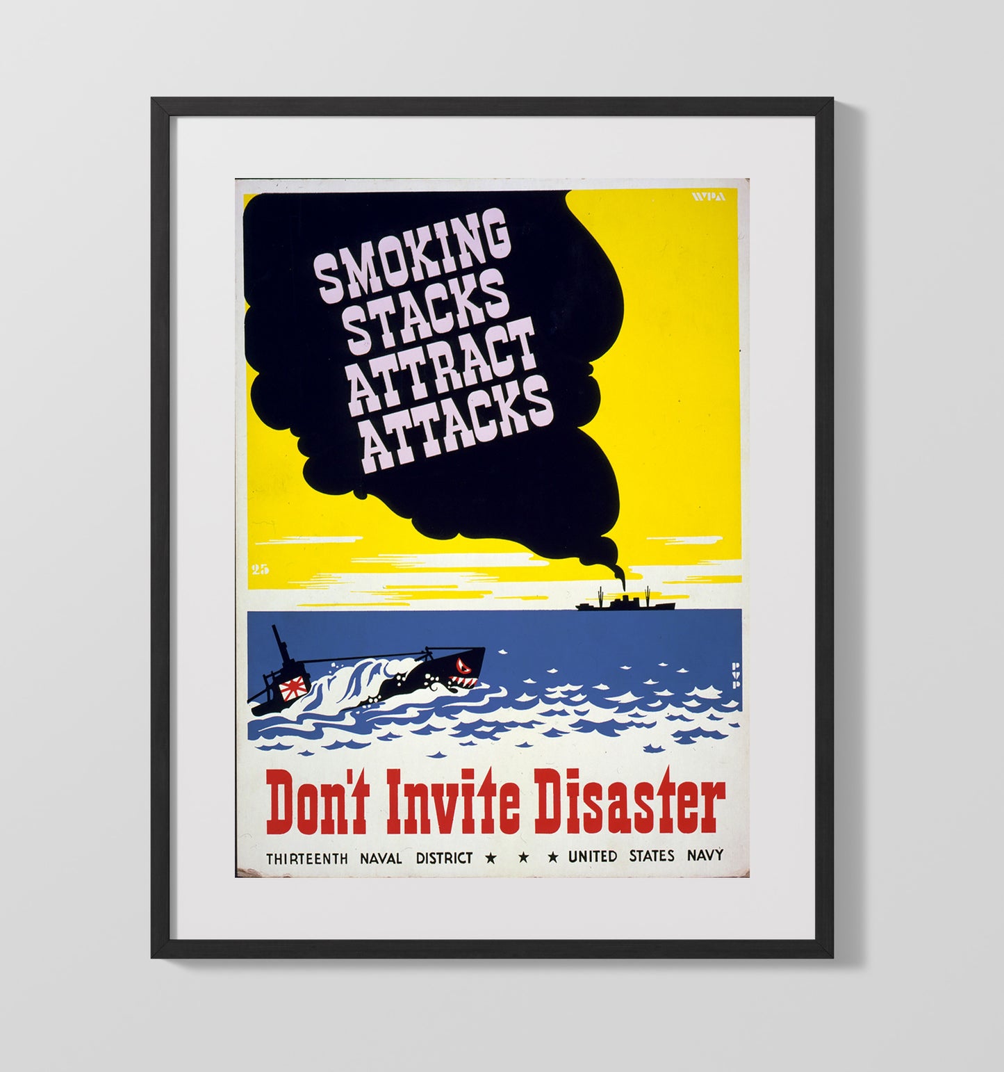Vintage War Poster - Smoking Stacks Attract Attacks Vintage War Wall Art - 16x20 Gallery Frame