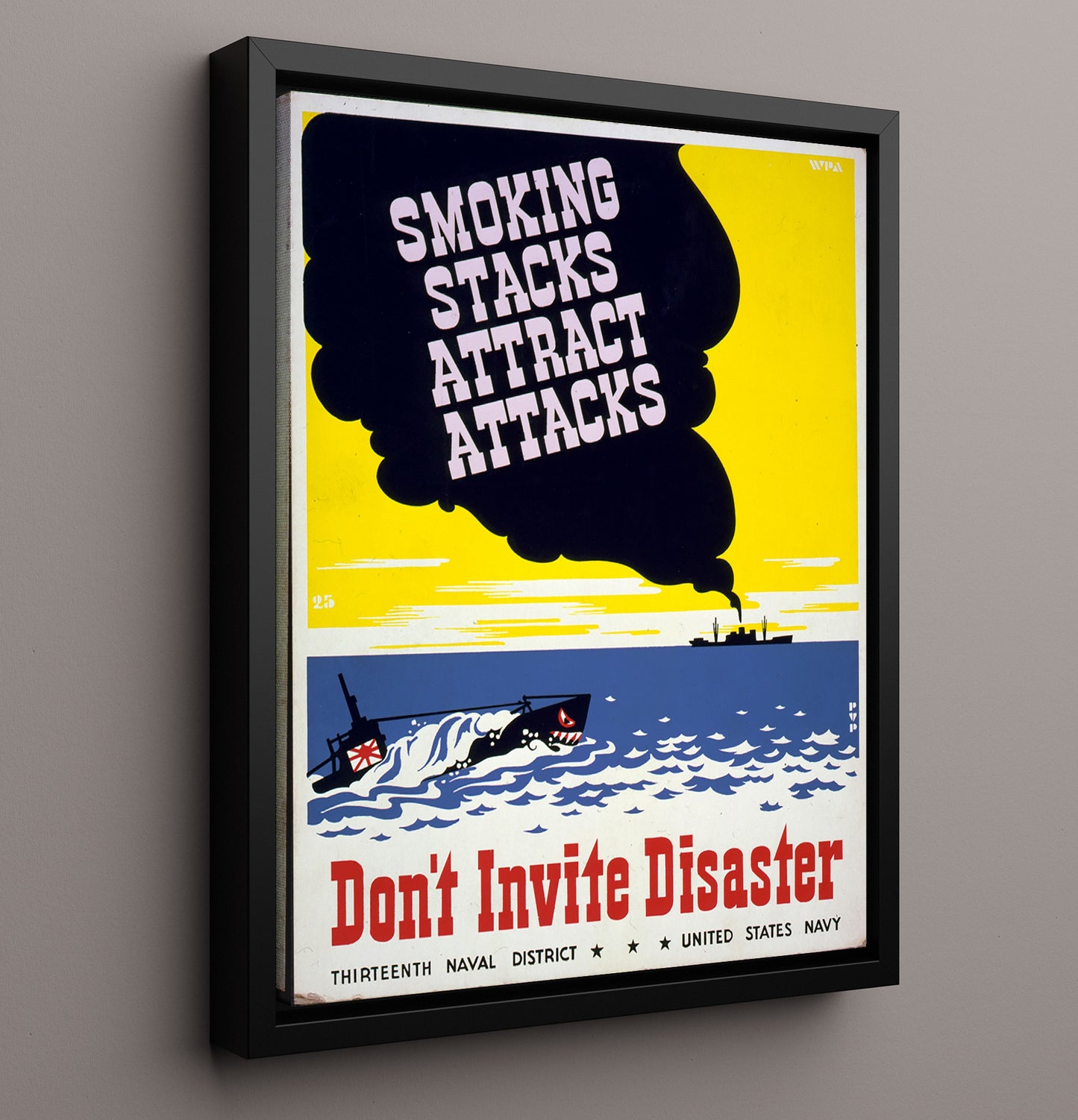 Vintage War Poster - Smoking Stacks Attract Attacks Vintage War Wall Art - 16x20 Framed Canvas