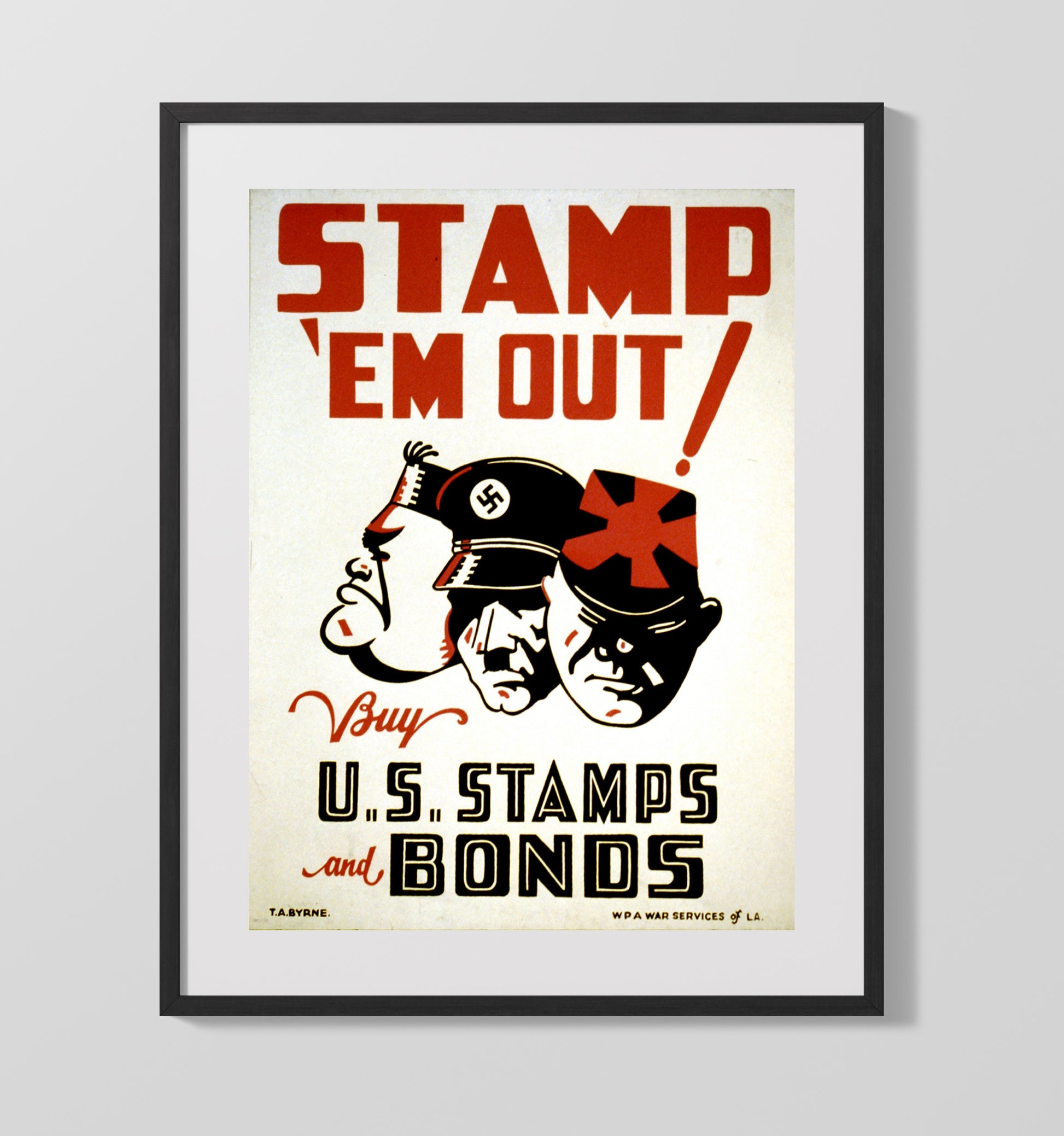 Vintage War Poster - Stamp Em Out Invest in US Bonds Vintage War Wall Art - 16x20 Gallery Frame