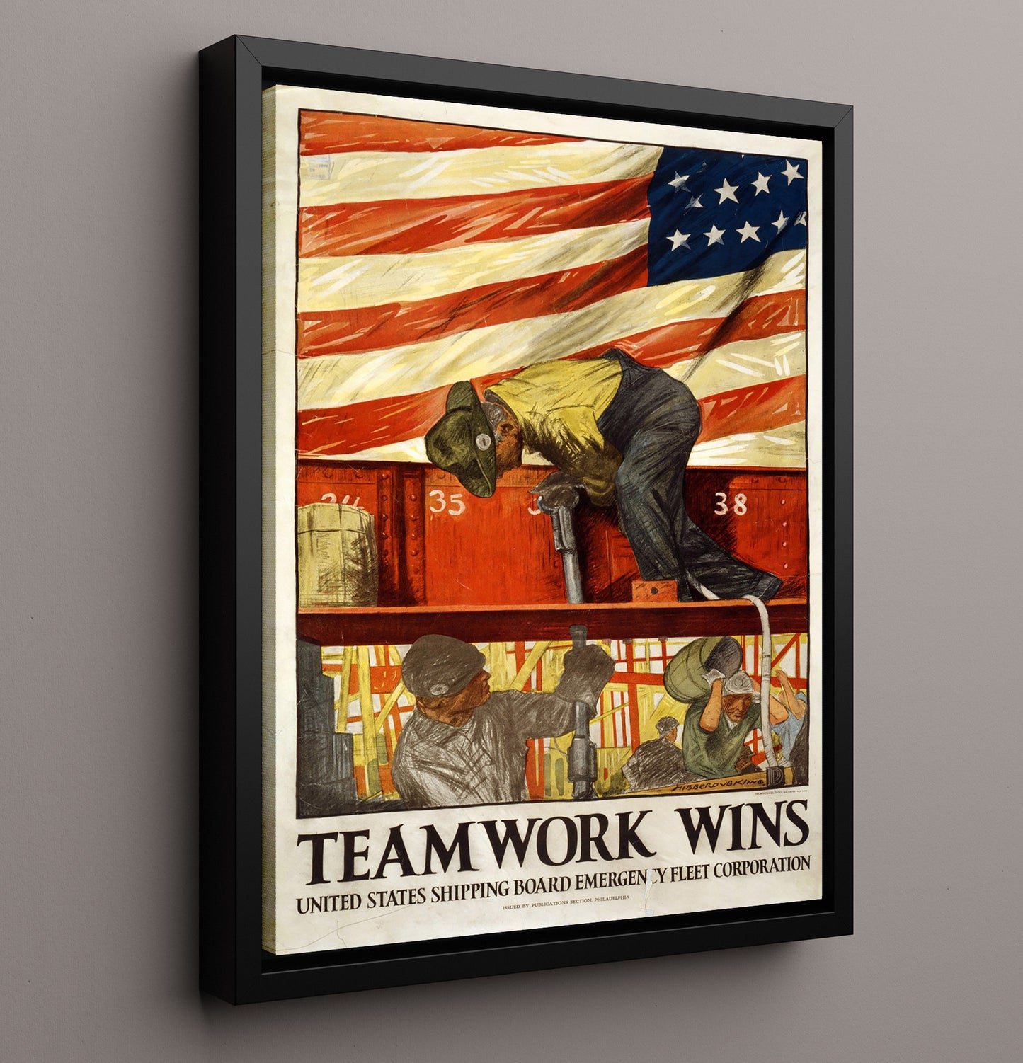 Vintage War Poster - Team Work Wins Vintage War Wall Art - 16x20 Framed Canvas