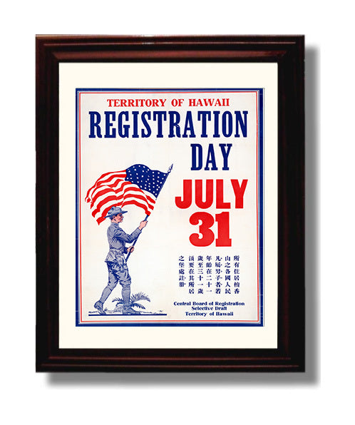 Vintage War Poster - Territory of Hawaii Registration Day Vintage War Wall Art - 8x10 Beveled Frame