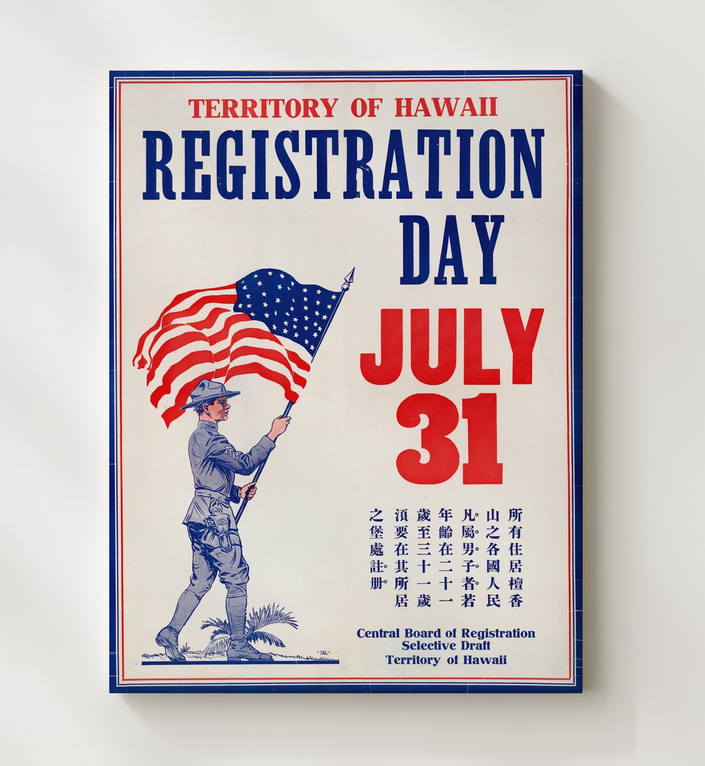 Vintage War Poster - Territory of Hawaii Registration Day Vintage War Wall Art - 20x24 Canvas