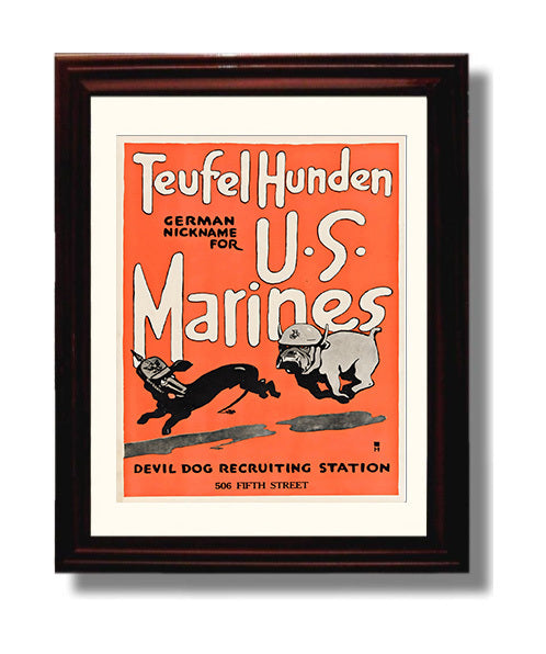 Vintage War Poster - Teufel Hunden Marines - Devil Dogs Vintage War Wall Art - 8x10 Beveled Frame