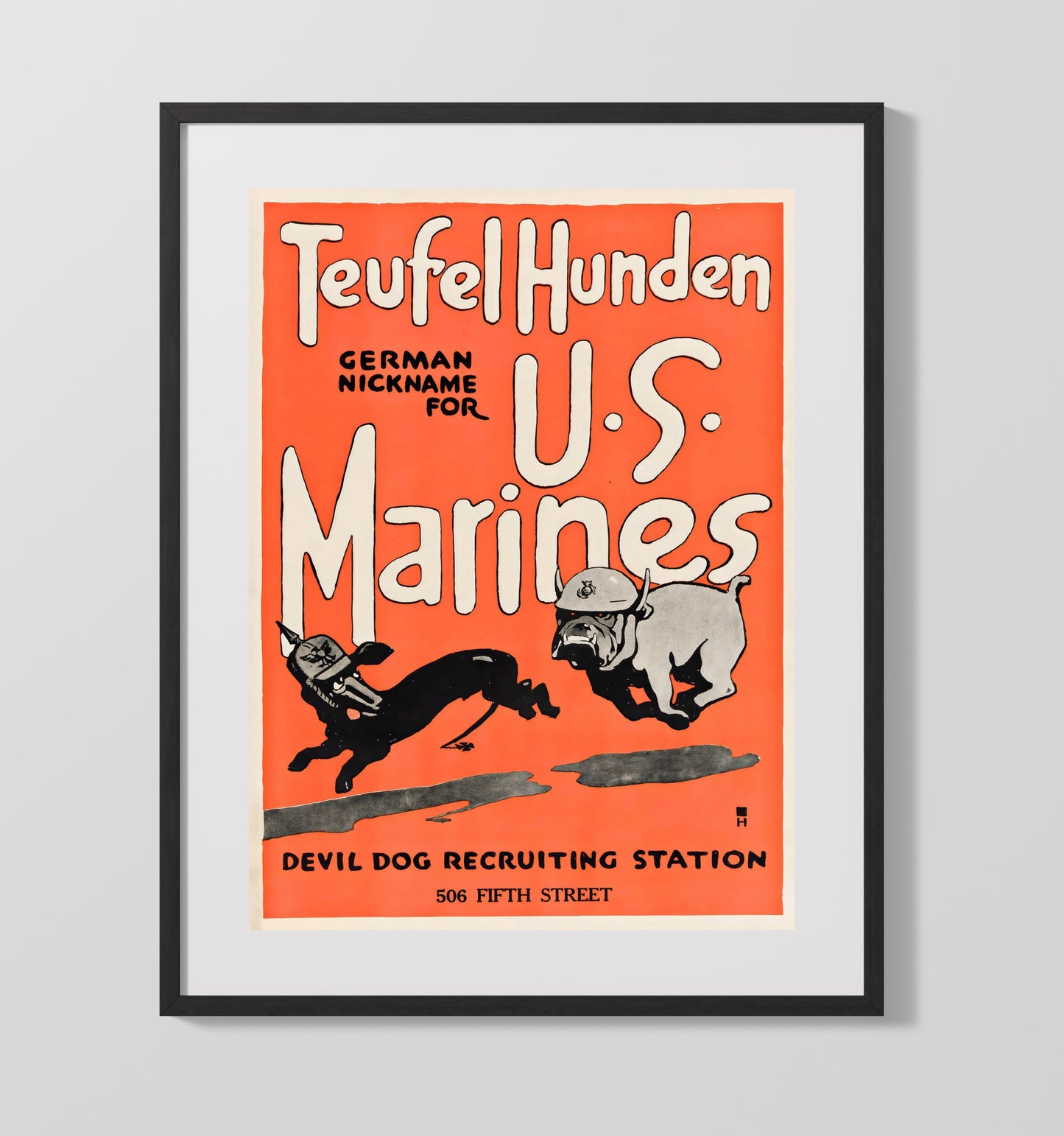 Vintage War Poster - Teufel Hunden Marines - Devil Dogs Vintage War Wall Art - 16x20 Gallery Frame