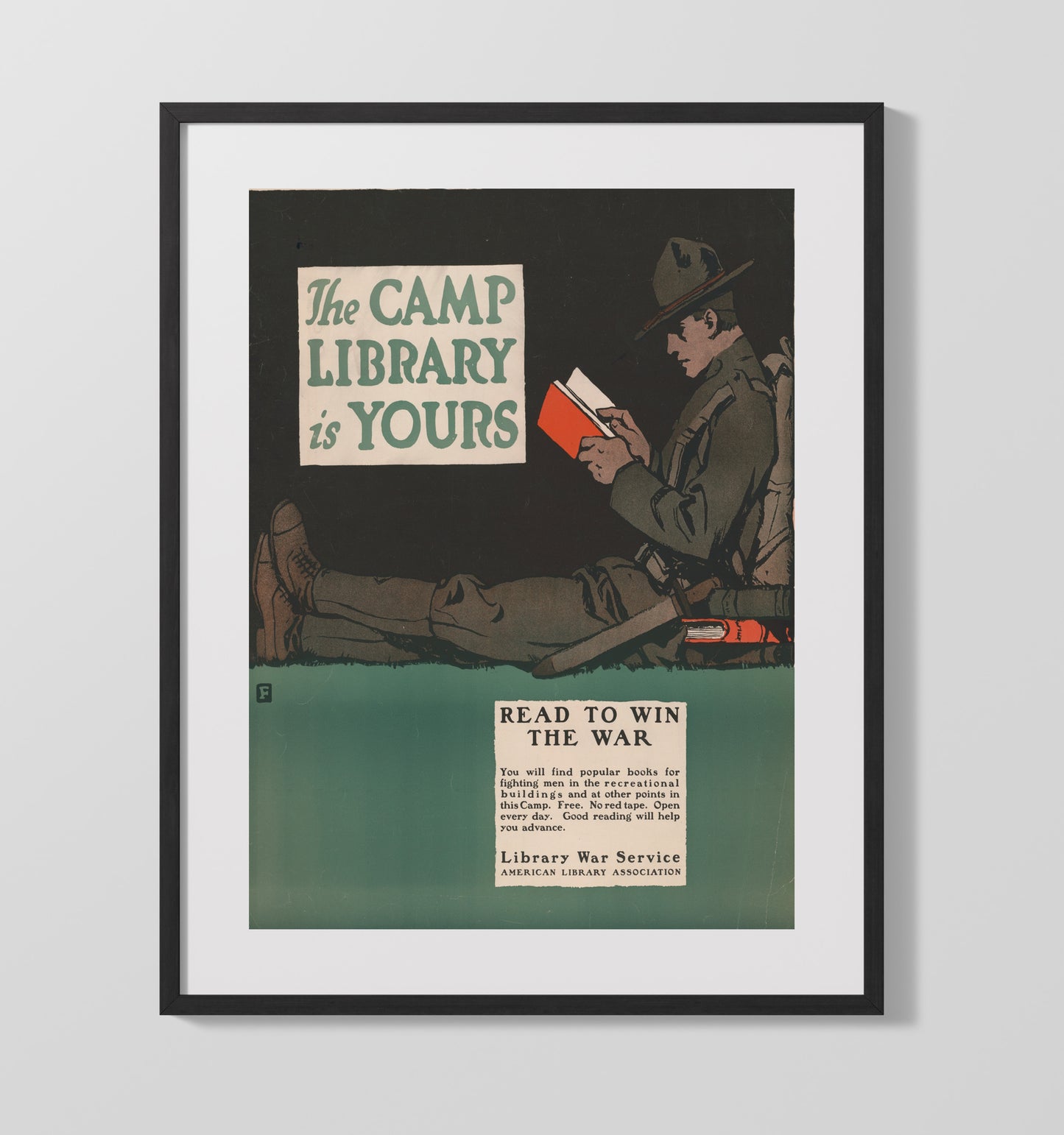 Vintage War Poster - The Camp Library Is Yours so Read to Win The War Vintage War Wall Art - 16x20 Gallery Frame