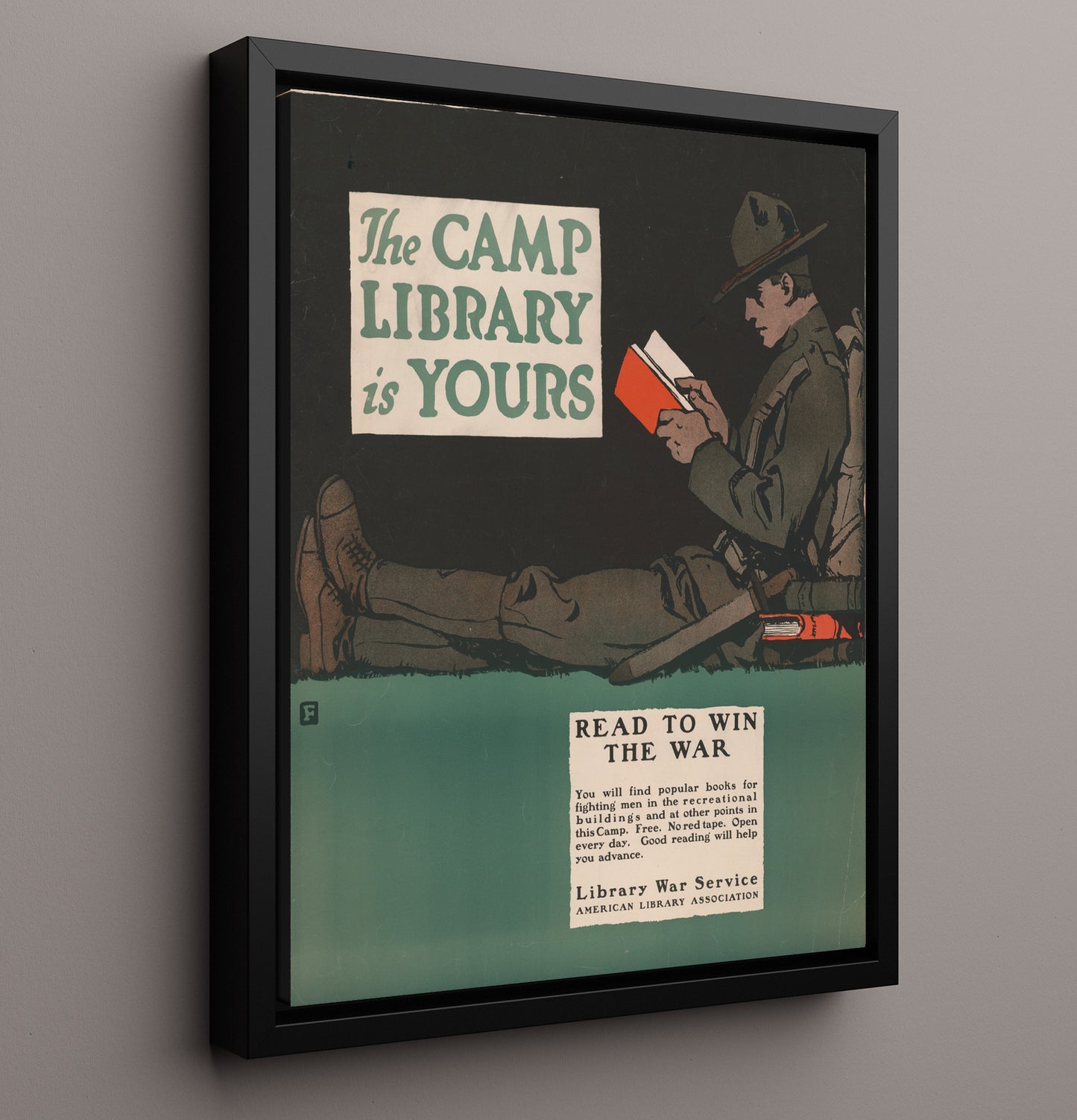 Vintage War Poster - The Camp Library Is Yours so Read to Win The War Vintage War Wall Art - 16x20 Framed Canvas