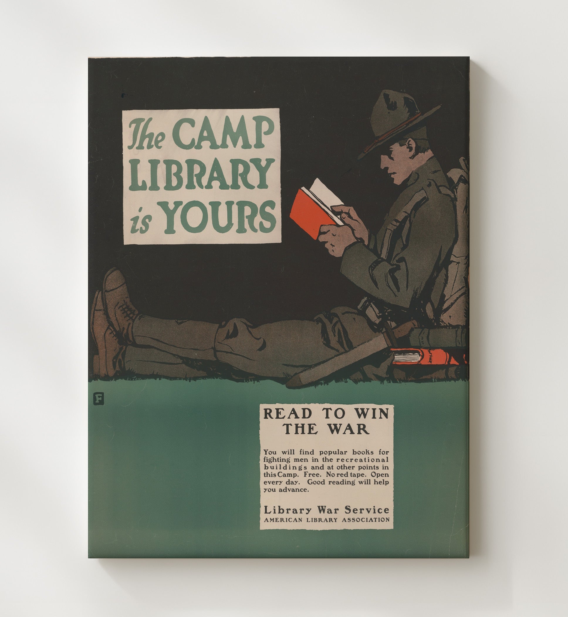 Vintage War Poster - The Camp Library Is Yours so Read to Win The War Vintage War Wall Art - 20x24 Canvas
