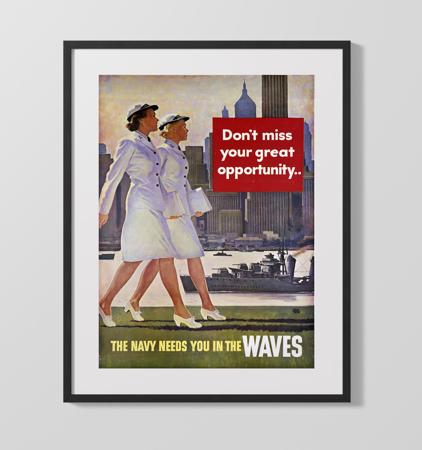 Vintage War Poster - The Navy Needs You In The Waves Vintage War Wall Art - 16x20 Gallery Frame