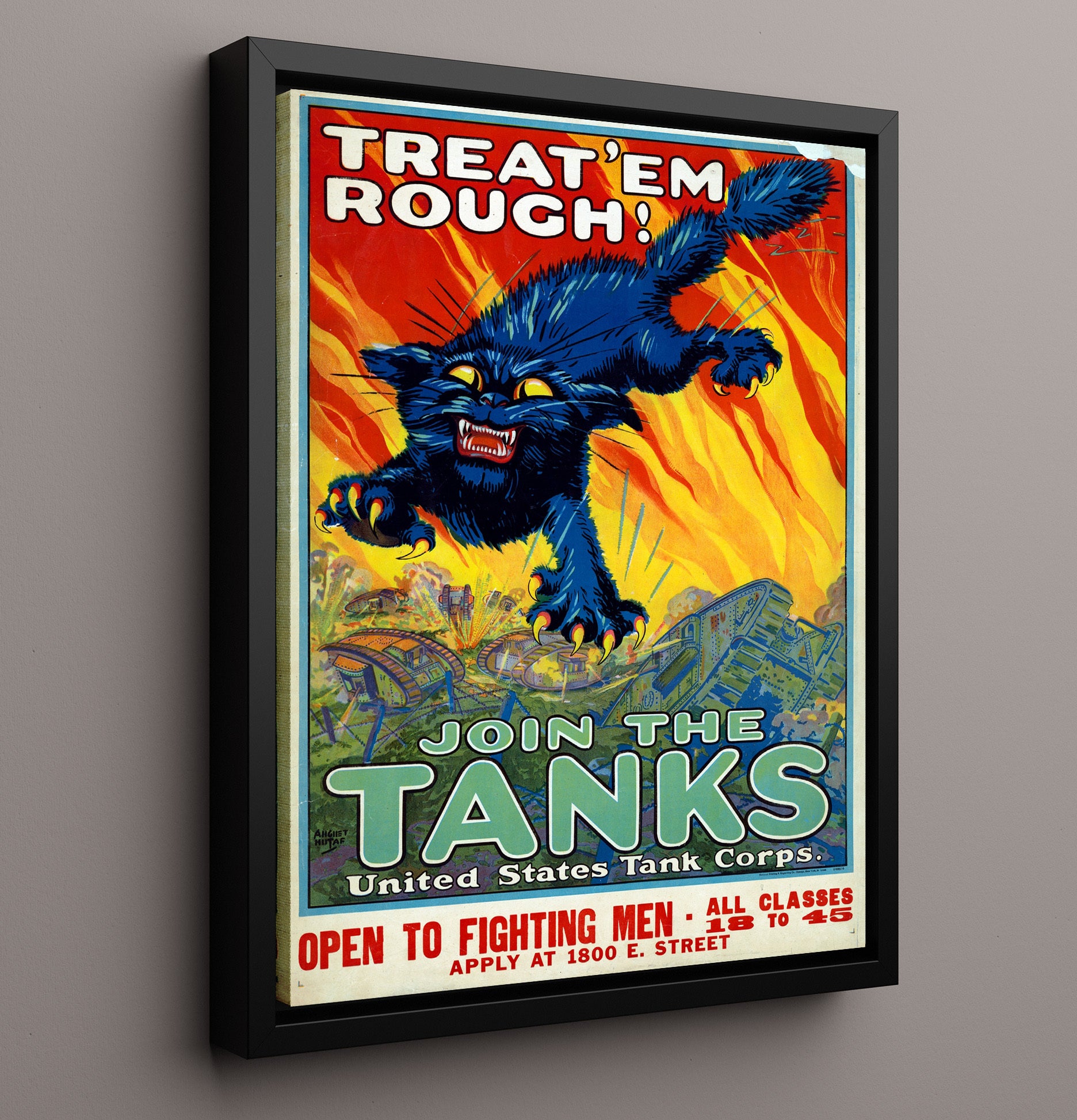 Vintage War Poster - Treat Em Rough and Join the Tanks Vintage War Wall Art - 16x20 Framed Canvas