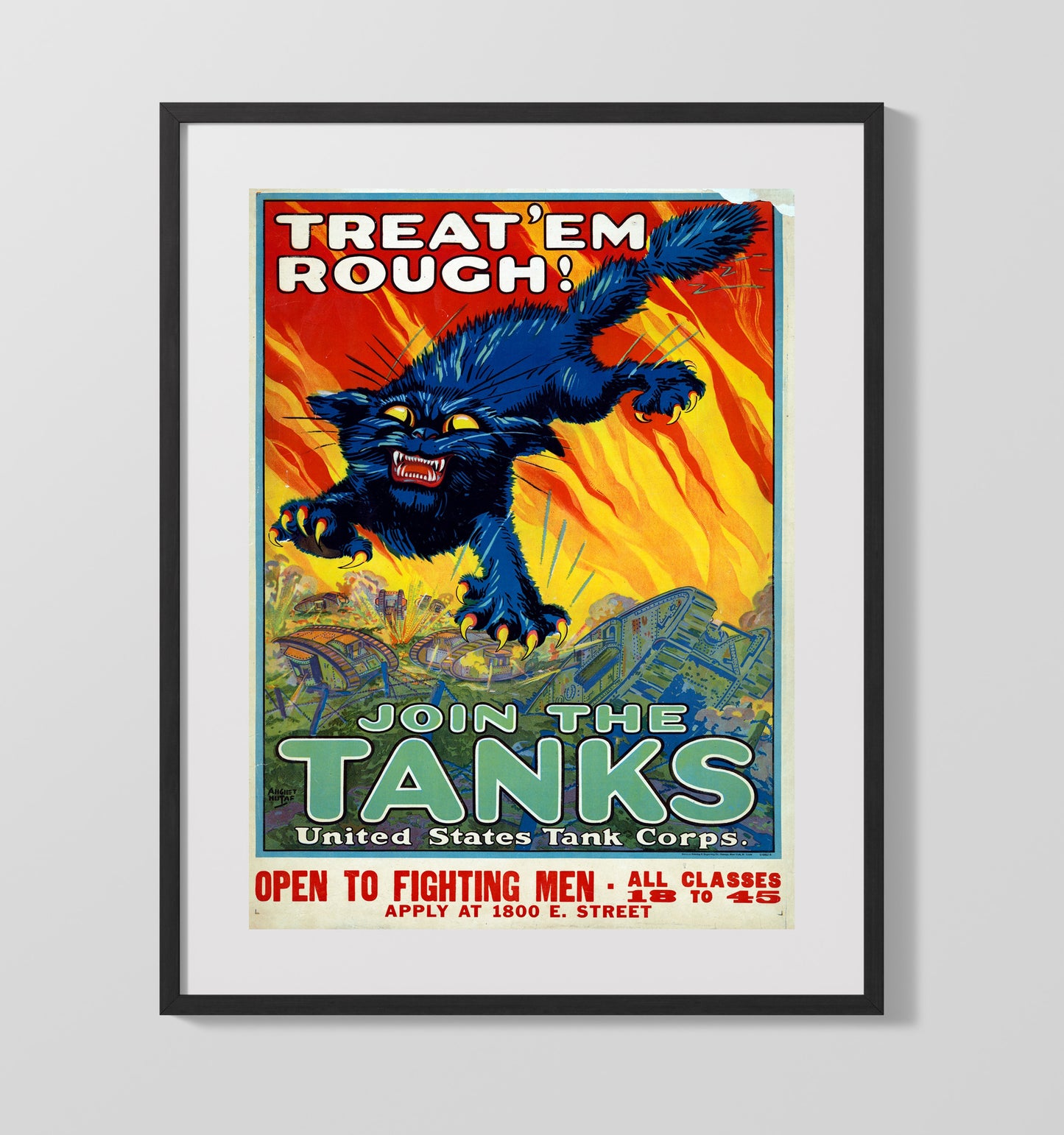Vintage War Poster - Treat Em Rough and Join the Tanks Vintage War Wall Art - 16x20 Gallery Frame