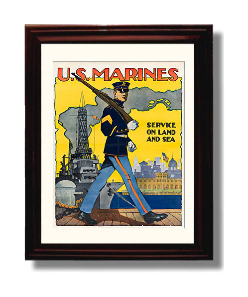 Vintage War Poster - U.S. Marines Service - Land and Sea Vintage War Wall Art - 8x10 Beveled Frame