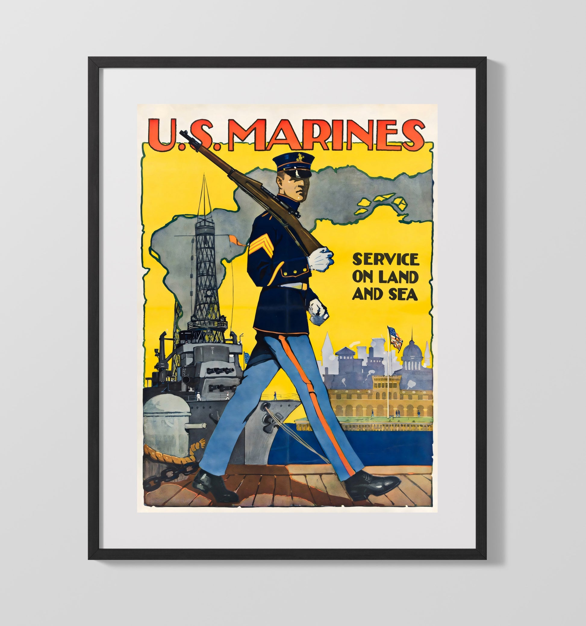 U.S. Marines Service - Land and Sea war poster wall art 16x20 Gallery Frame