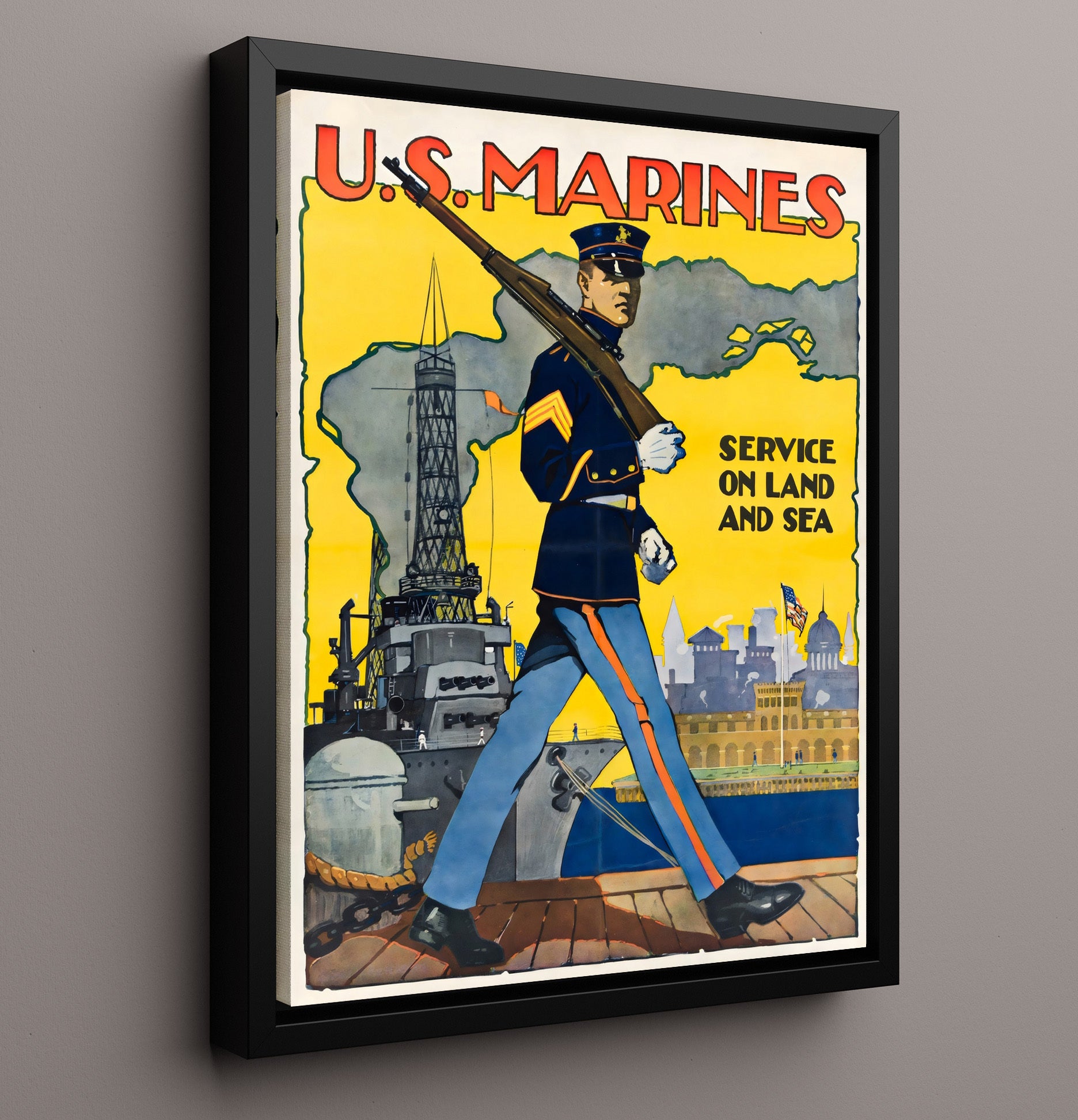 Vintage War Poster - U.S. Marines Service - Land and Sea Vintage War Wall Art - 16x20 Framed Canvas