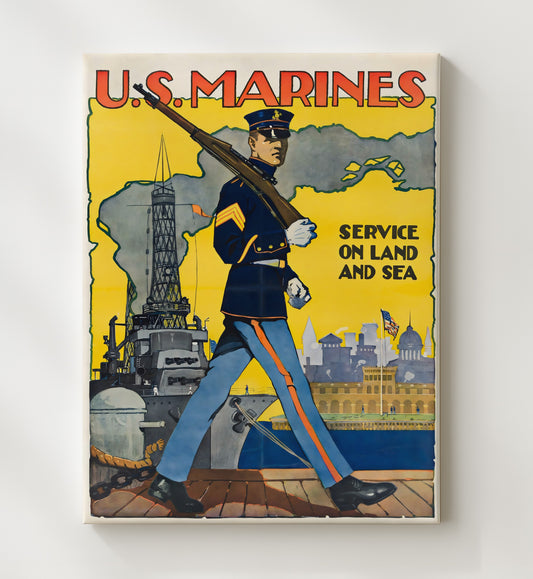 U.S. Marines Service - Land and Sea vintage war poster canvas wall art 20x24 Canvas
