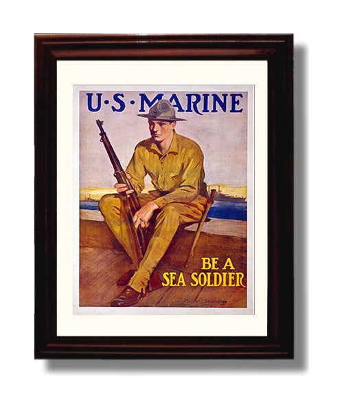 Vintage War Poster - US Marine enlist to Be A Sea Soldier Vintage War Wall Art - 8x10 Beveled Frame
