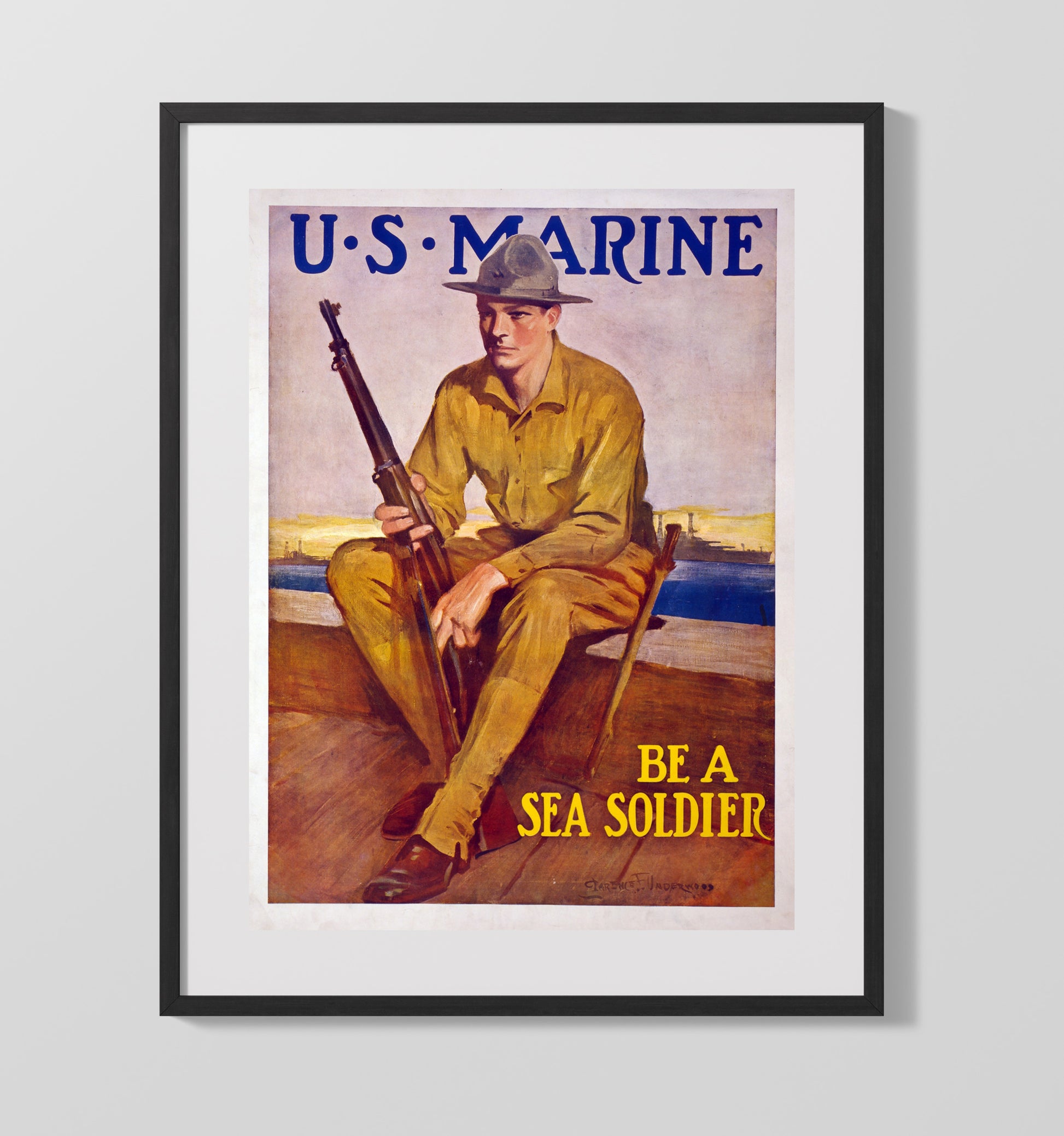 Vintage War Poster - US Marine enlist to Be A Sea Soldier Vintage War Wall Art - 16x20 Gallery Frame