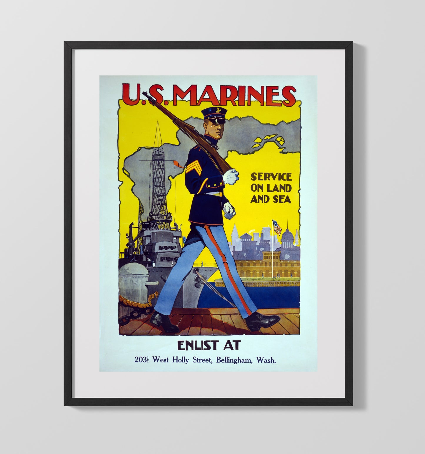 Vintage War Poster - US Marines Enlist in Washington Vintage War Wall Art - 16x20 Gallery Frame