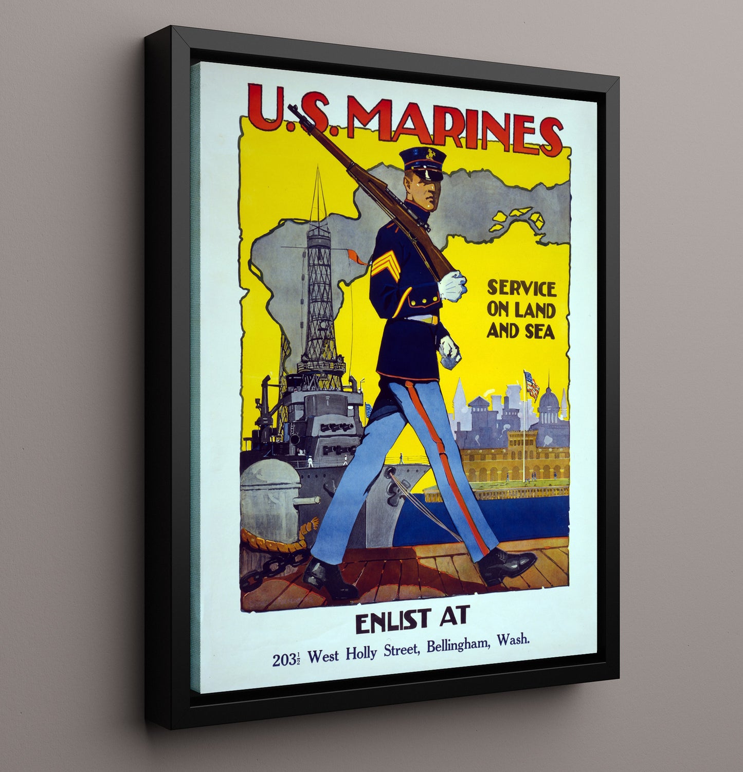Vintage War Poster - US Marines Enlist in Washington Vintage War Wall Art - 16x20 Framed Canvas
