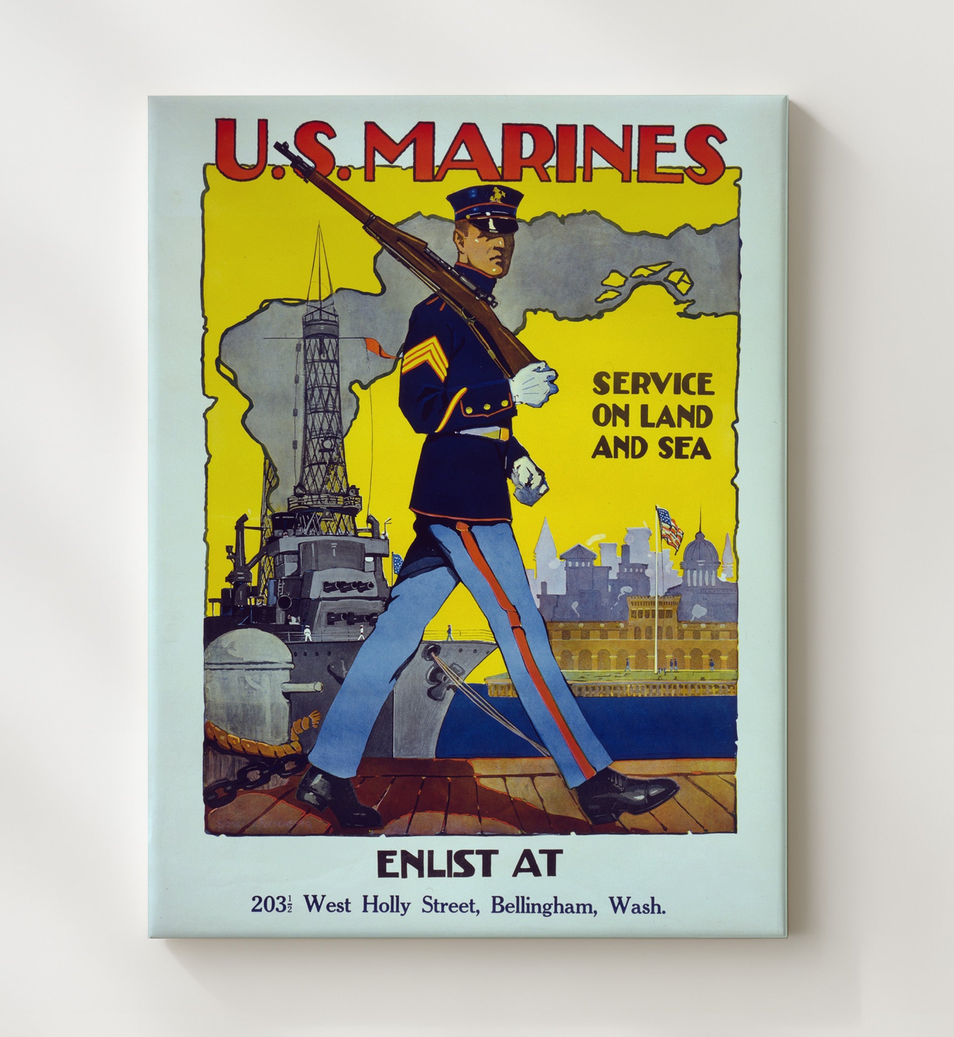 U.S. Marines Enlist in Washington vintage war poster canvas wall art 20x24 Canvas