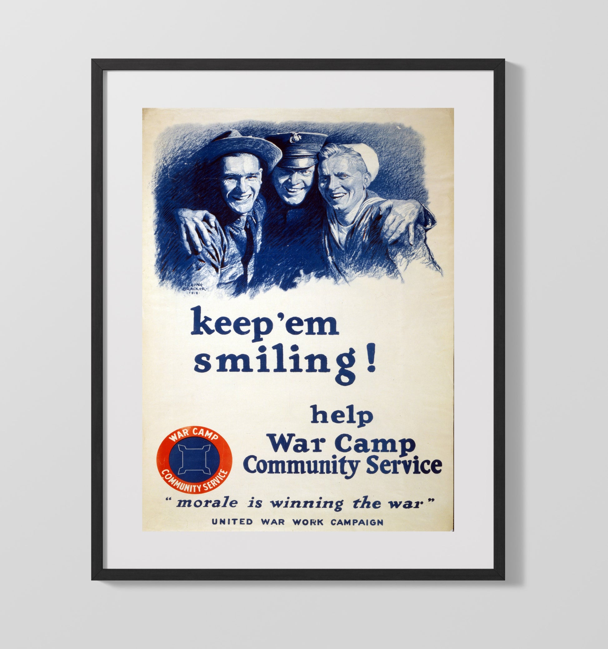 Vintage War Poster - United War Work Campaign to Keep Em Smiling Vintage War Wall Art - 16x20 Gallery Frame