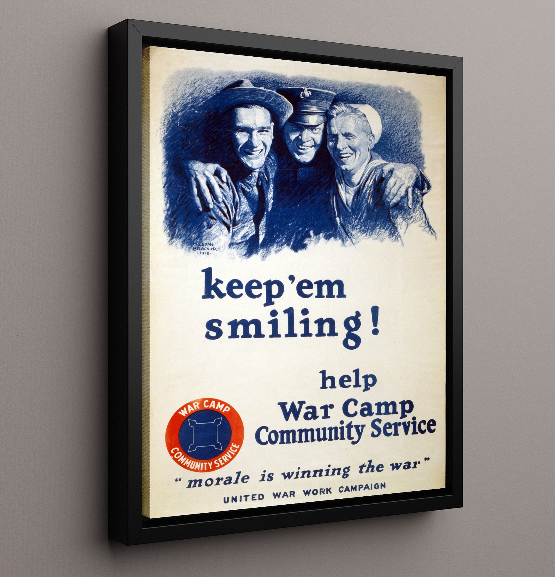 Vintage War Poster - United War Work Campaign to Keep Em Smiling Vintage War Wall Art - 16x20 Framed Canvas