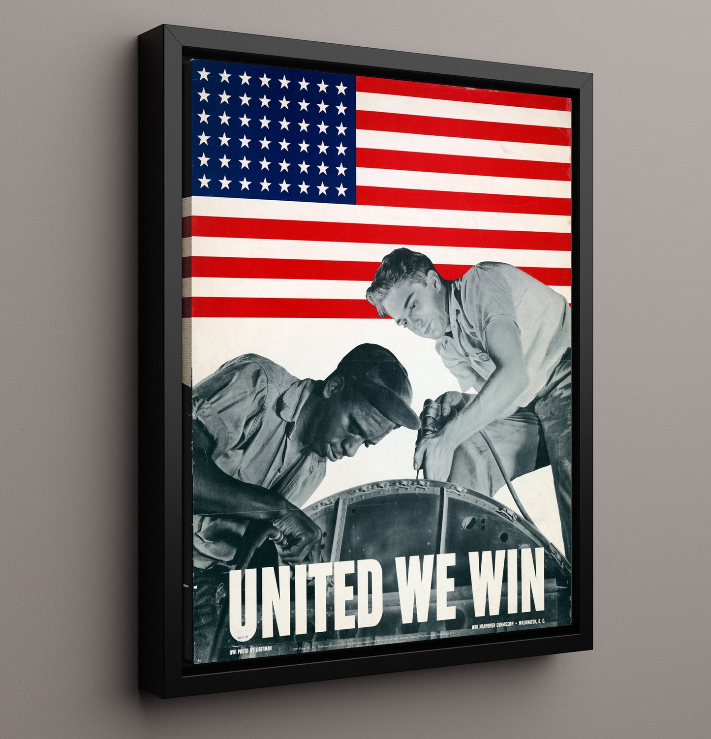 Vintage War Poster - United We Win with American Workers Vintage War Wall Art - 16x20 Framed Canvas