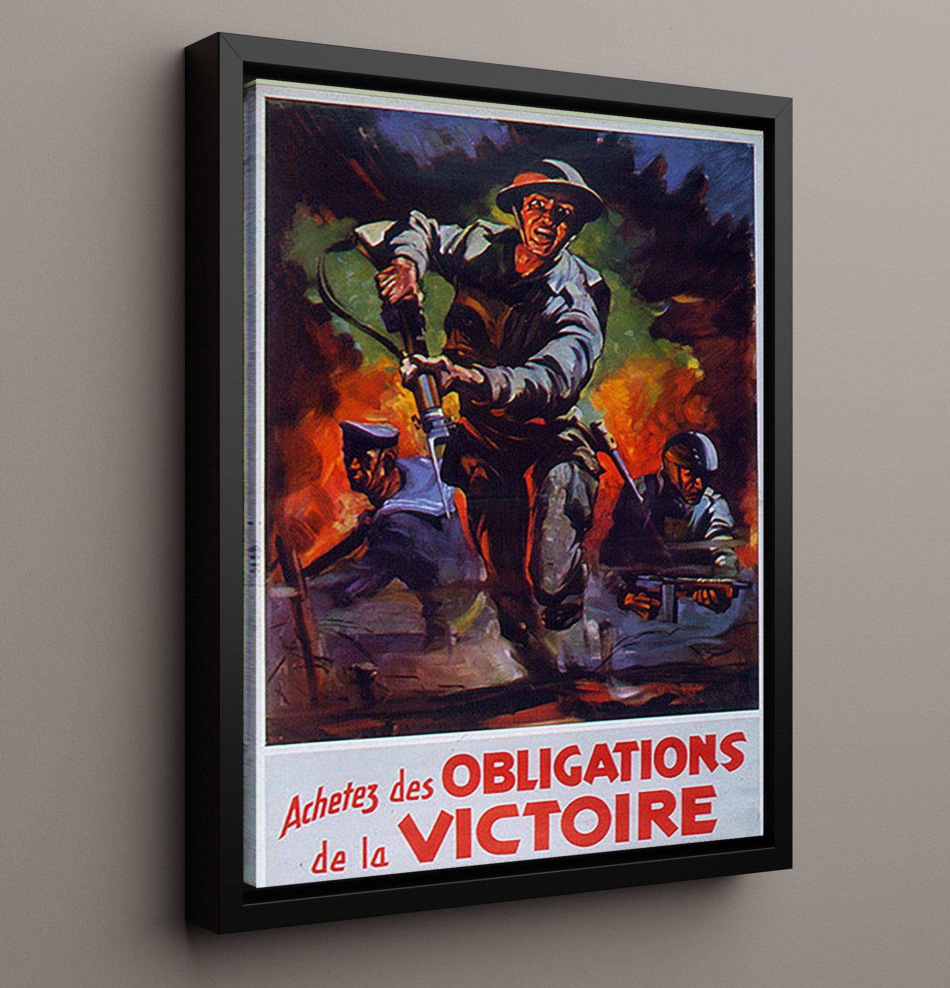 Vintage War Poster - Victory Bonds France - Soldiers on the March Vintage War Wall Art - 16x20 Framed Canvas
