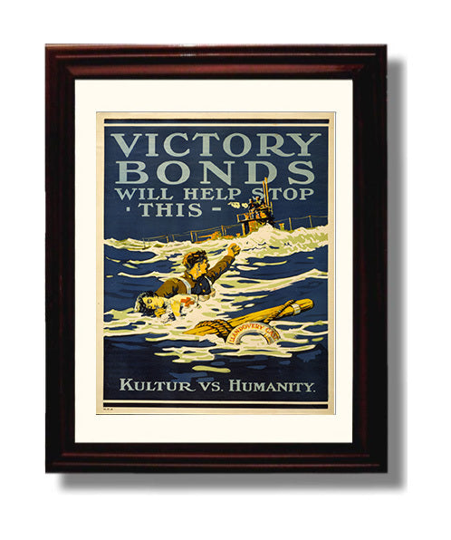 Vintage War Poster - Victory Bonds Will Stop This Kultur vs Humanity Vintage War Wall Art - 8x10 Beveled Frame
