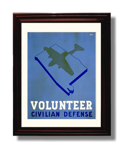 Vintage War Poster - Volunteer Defense - Shadow Watch Vintage War Wall Art - 8x10 Beveled Frame