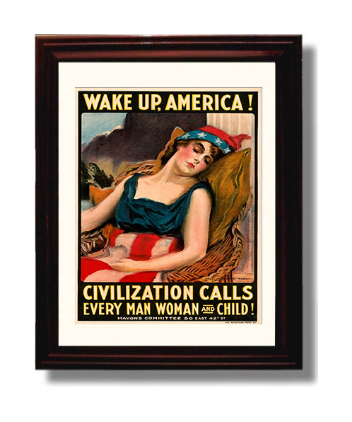 Vintage War Poster - Wake Up America - Civilization Calls Vintage War Wall Art - 8x10 Beveled Frame
