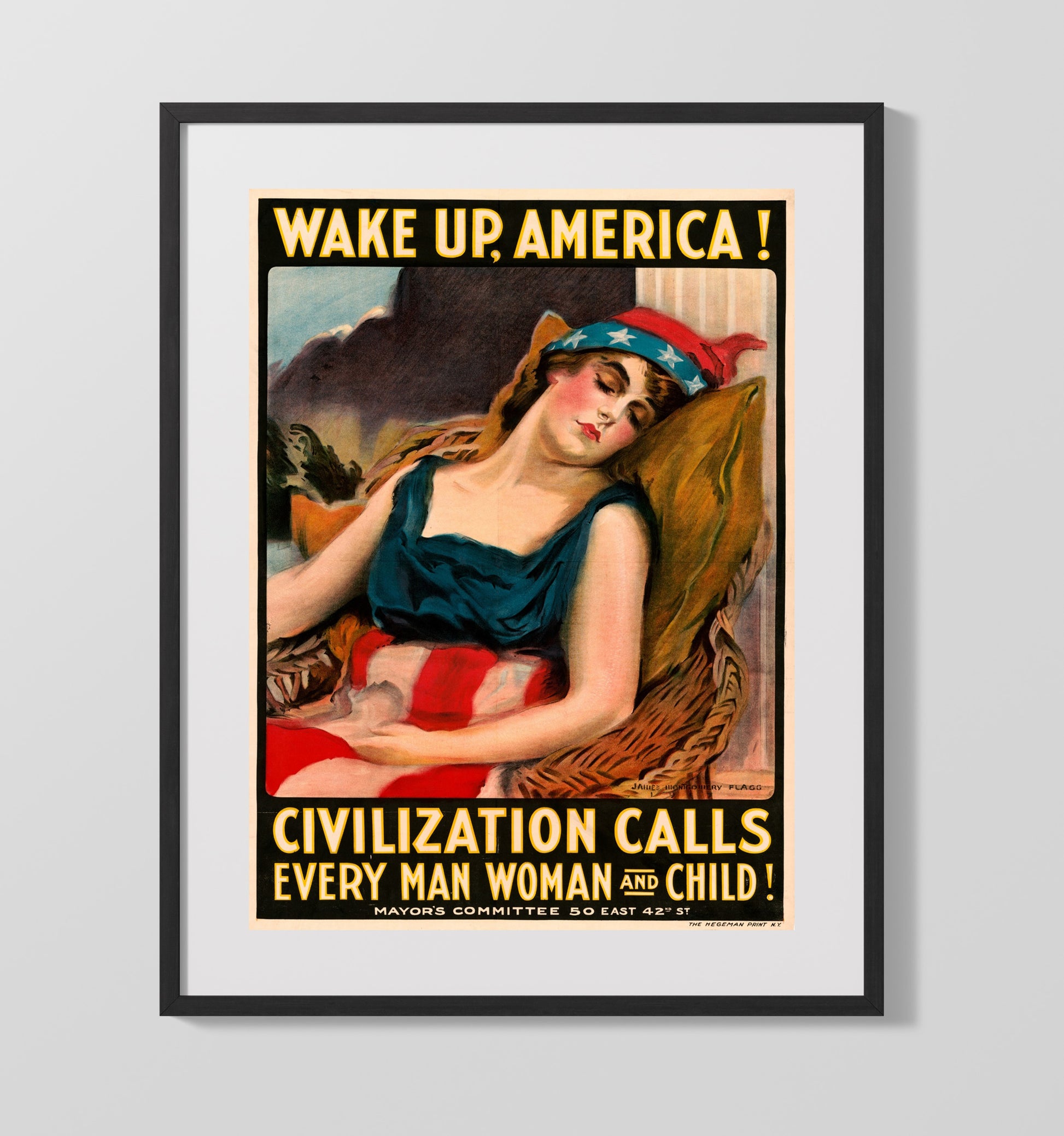 Vintage War Poster - Wake Up America - Civilization Calls Vintage War Wall Art - 16x20 Gallery Frame