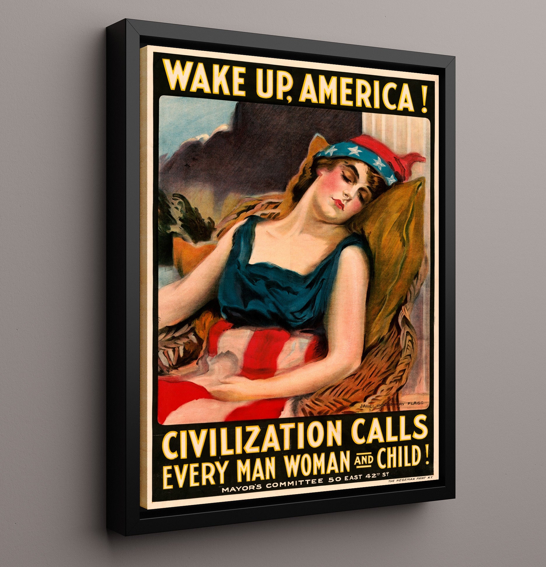 Wake Up America - Civilization Calls war poster wall art 16x20 Framed Canvas