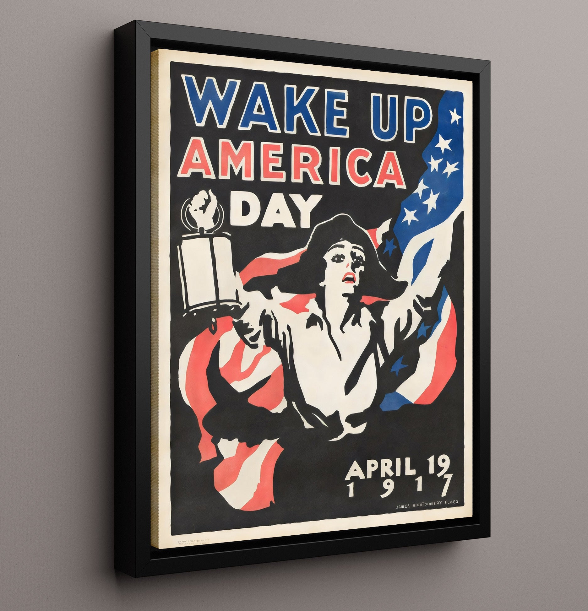 Vintage War Poster - Wake Up America Day - Lantern Call Vintage War Wall Art - 16x20 Framed Canvas