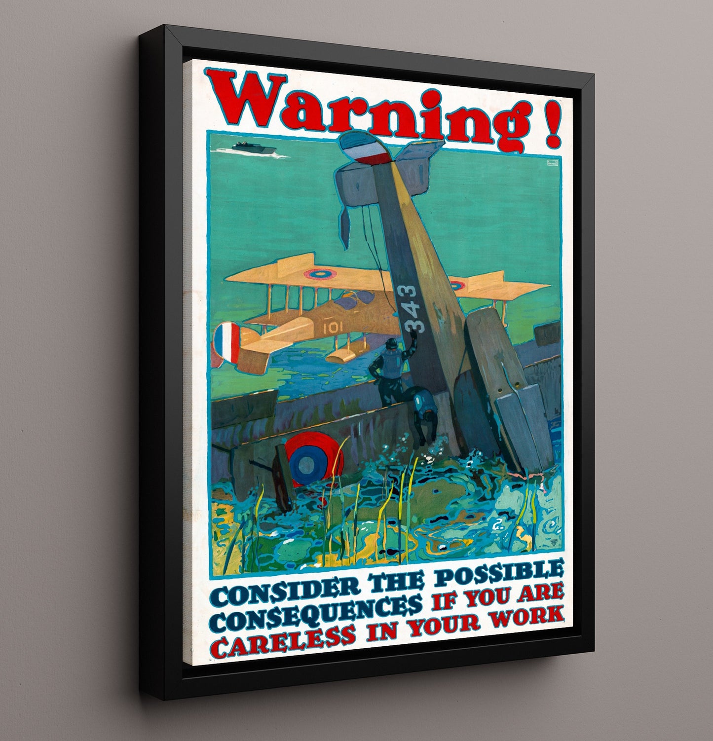 Vintage War Poster - Work Warning - Crash Course Vintage War Wall Art - 16x20 Framed Canvas