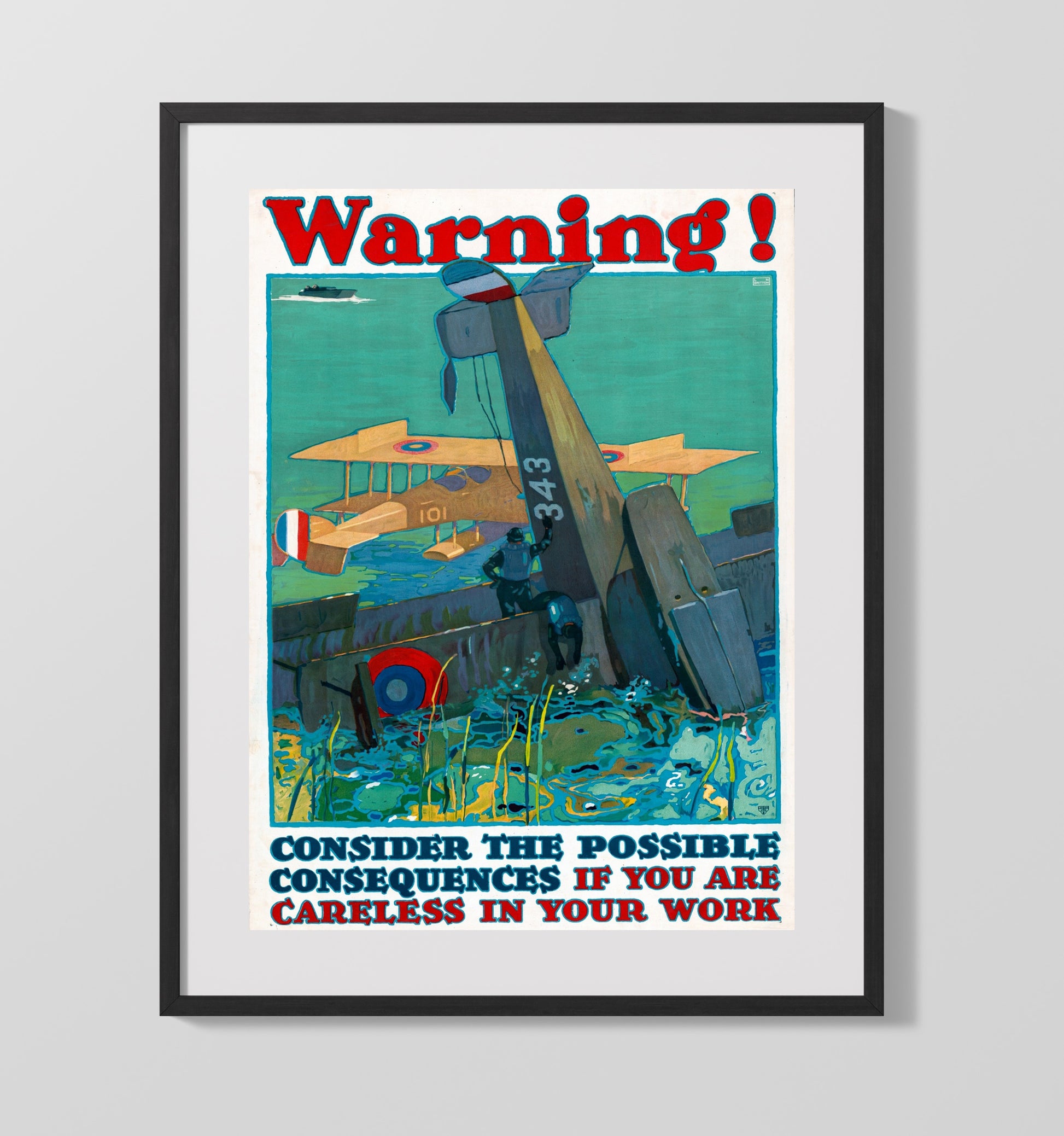 Vintage War Poster - Work Warning - Crash Course Vintage War Wall Art - 16x20 Gallery Frame