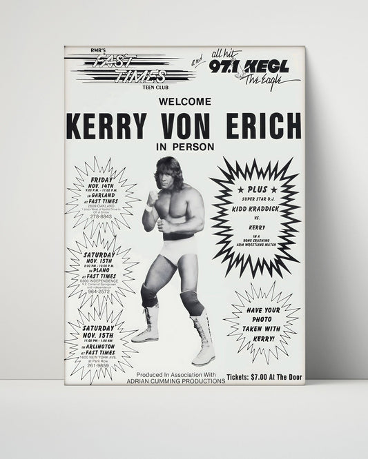 Vintage Wrestling Poster - Kerry Von Erich - Teen Club Special - Unframed