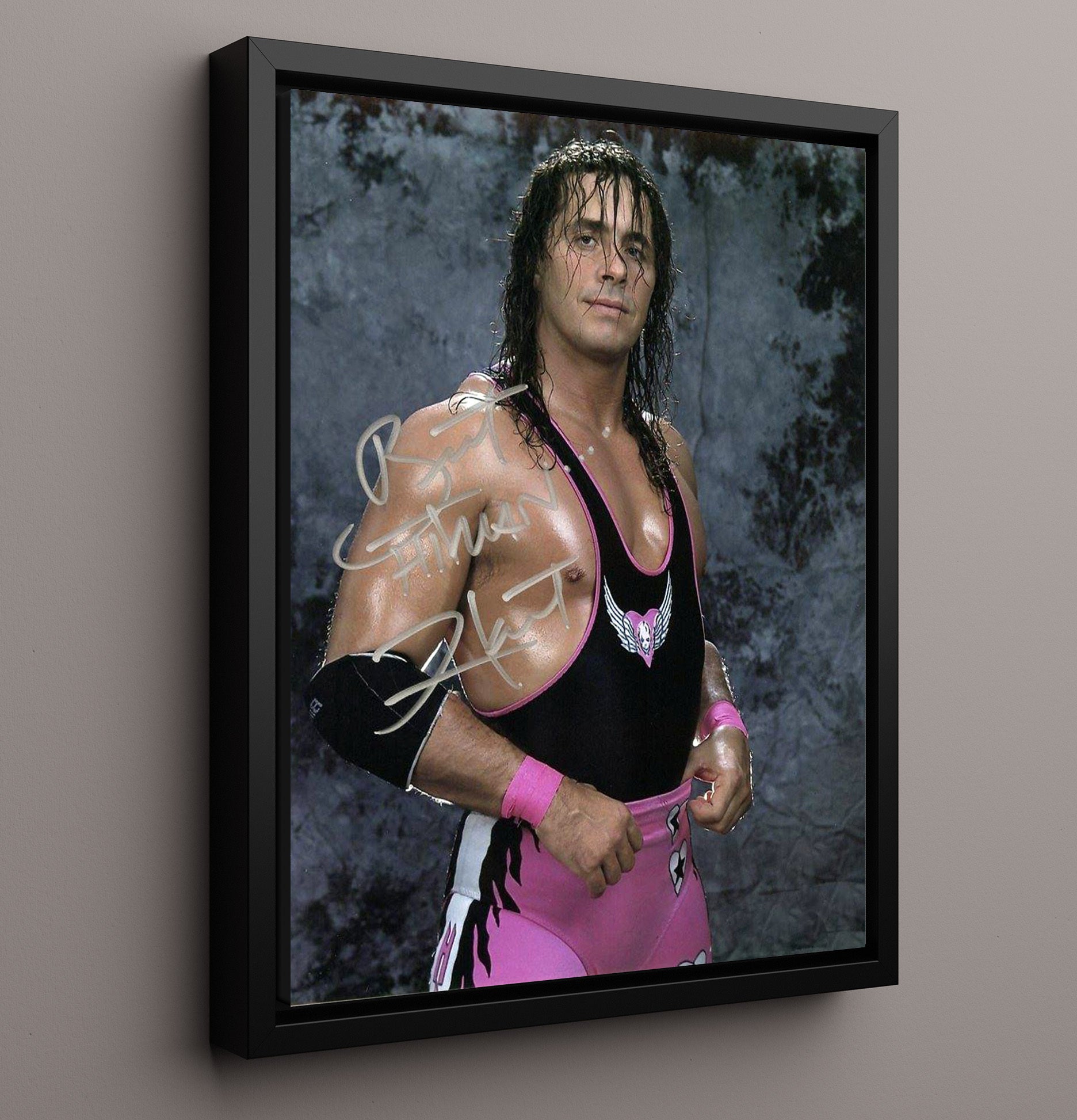 Bret Hart - Hitman Pink Gear Portrait Wrestling Wall Art Framed Canvas wall art print – wrestling decor