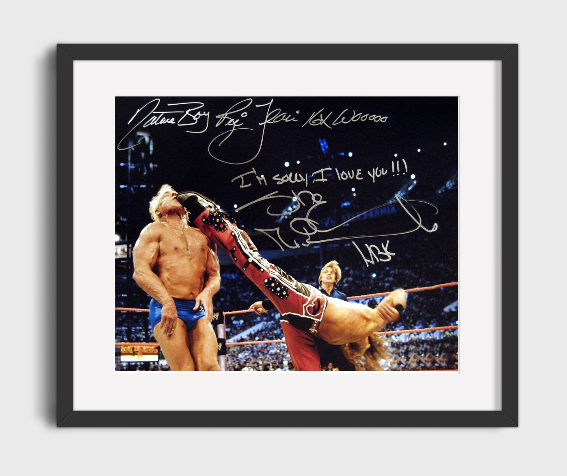Flair vs Shawn Michaels - WrestleMania I'm Sorry I Love You Moment Wrestling Wall Art Gallery Frame wall art print – wrestling decor
