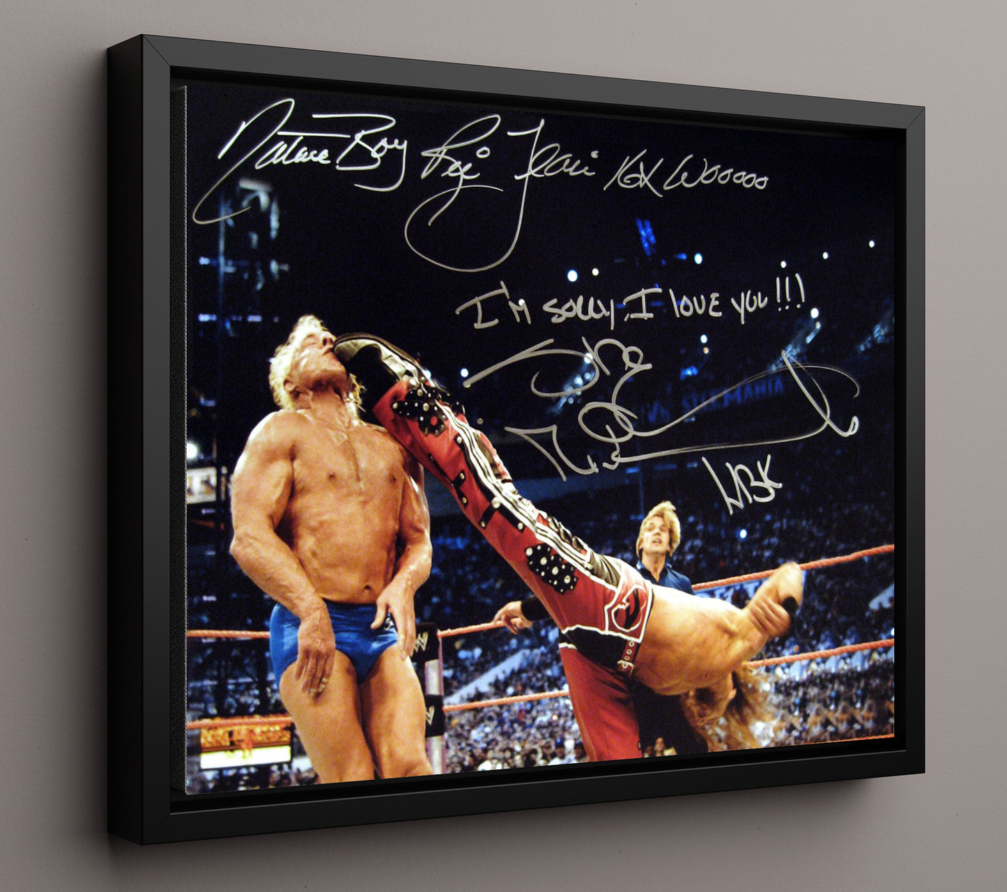 Flair vs Shawn Michaels - WrestleMania I'm Sorry I Love You Moment Wrestling Wall Art Framed Canvas wall art print – wrestling decor