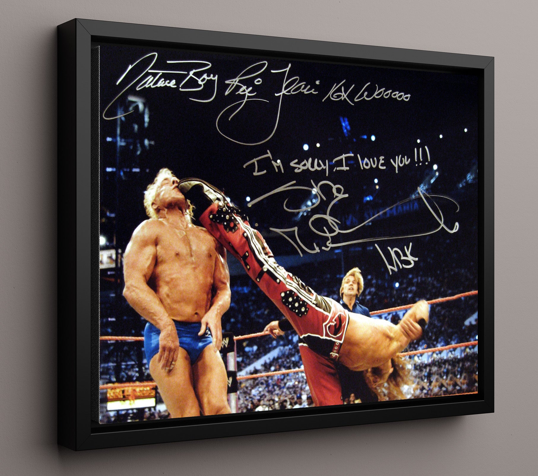 Flair vs Shawn Michaels - WrestleMania I'm Sorry I Love You Moment Wrestling Wall Art Framed Canvas wall art print – wrestling decor